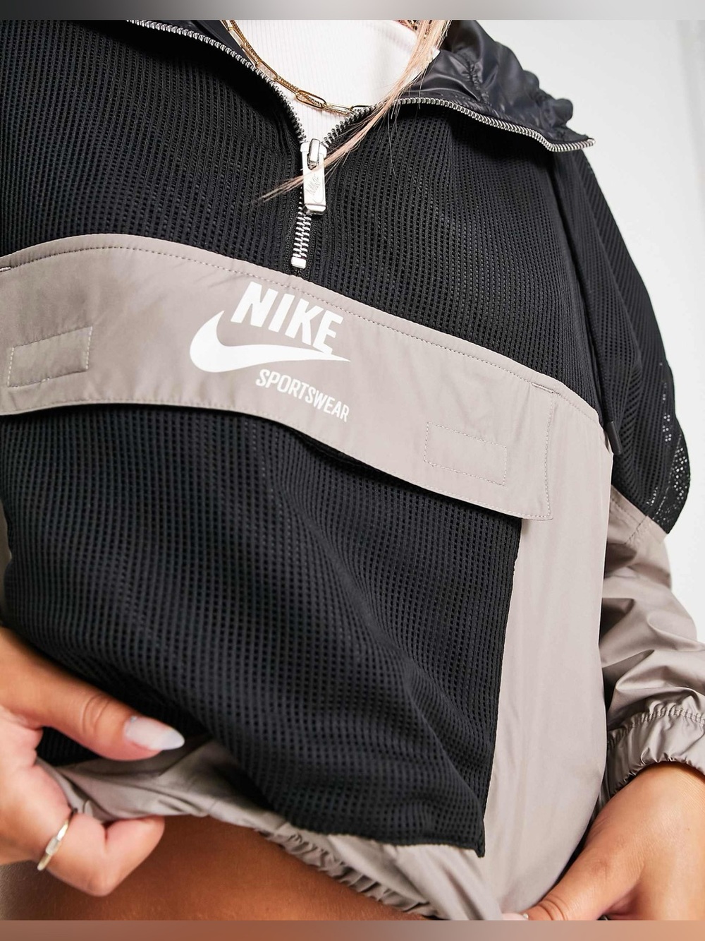 Nike oversized mesh half-zip hooded jacket in black Size M